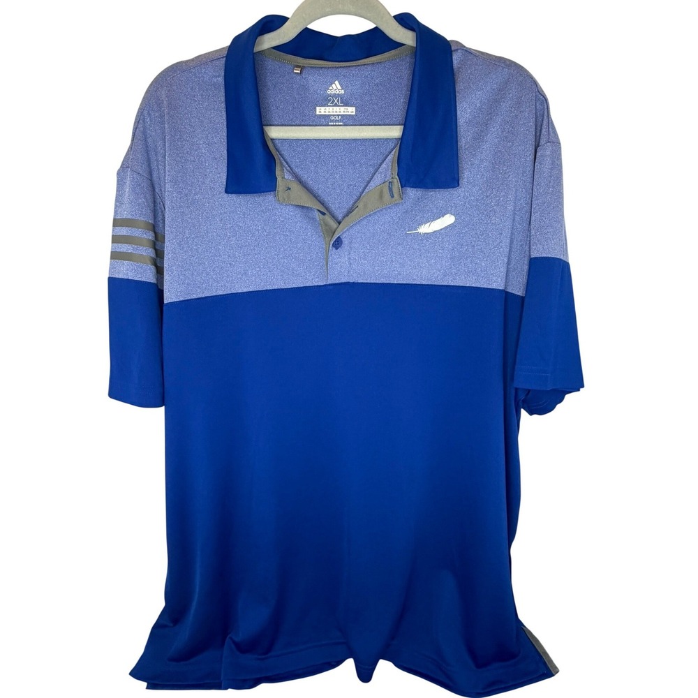 Adidas Golf Polo Shirt Mens 2XL Blue Colorblock Short Sleeve Feather Graphic